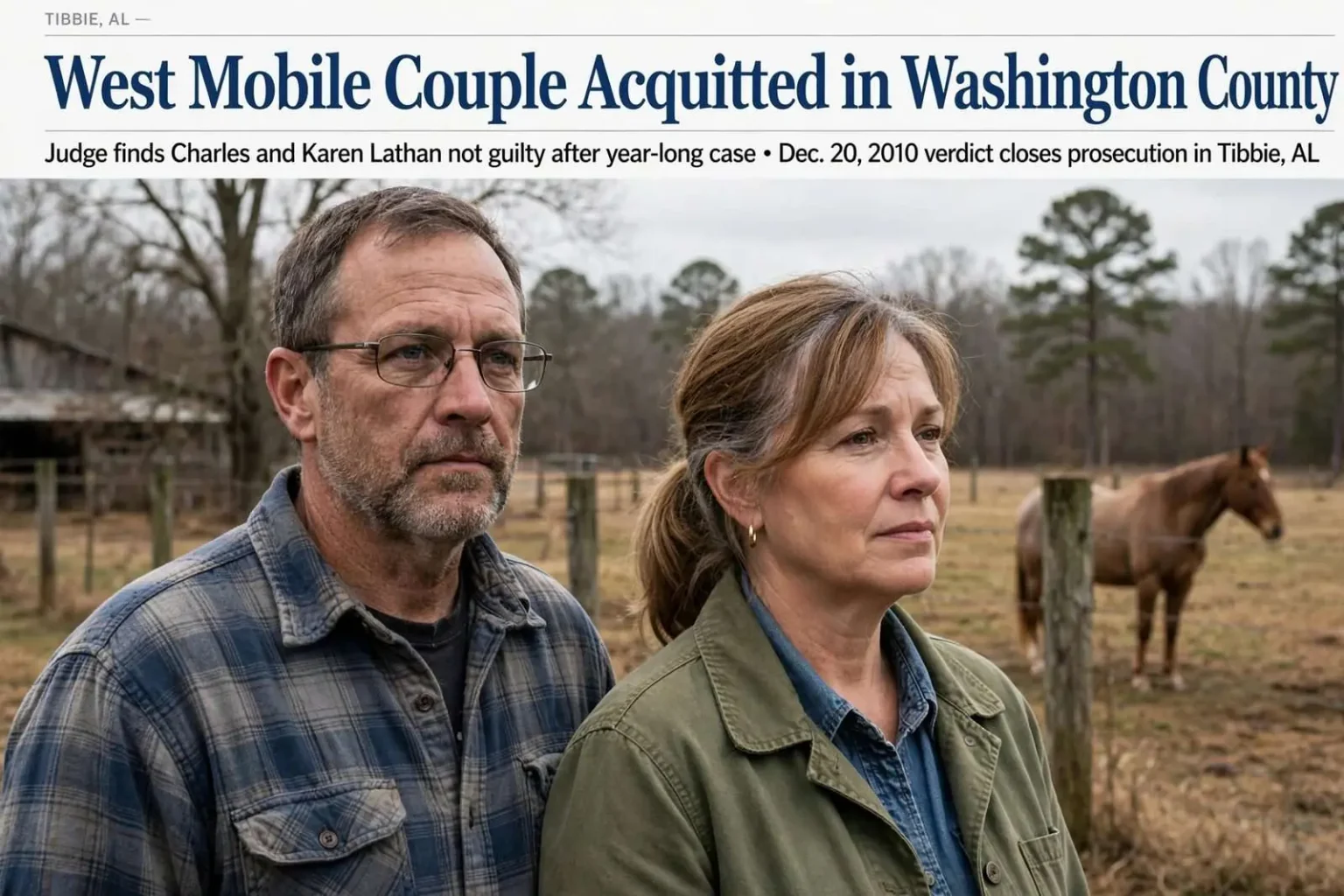 Illustration for the news story: West Mobile Couple Acquitted in Washington County Horse Cruelty Case