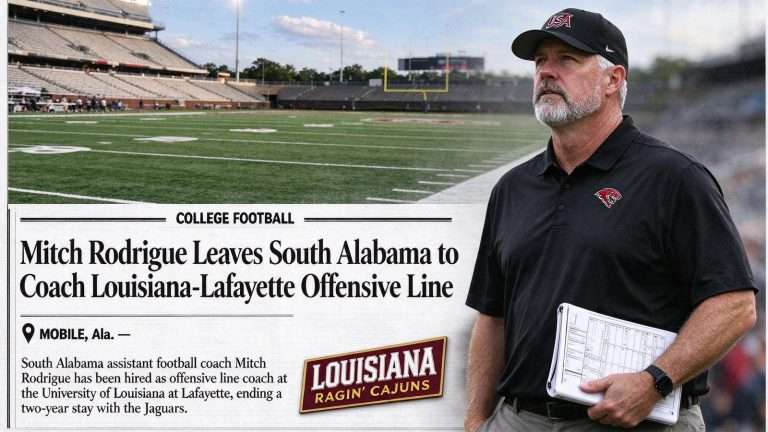 Illustration for the news story: Mitch Rodrigue Leaves South Alabama to Coach Louisiana-Lafayette Offensive Line