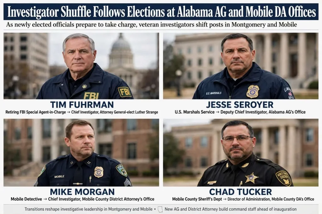 Illustration for the news story: Investigator Shuffle Follows Elections at Alabama AG and Mobile DA Offices