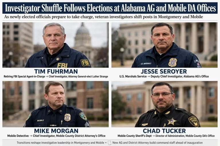 Illustration for the news story: Investigator Shuffle Follows Elections at Alabama AG and Mobile DA Offices