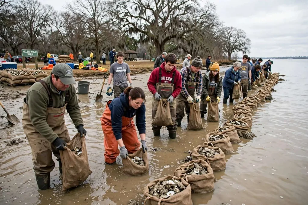 Illustration for the news story: Mobile Volunteers Built Oyster Reef for Coastal Restoration in 2011
