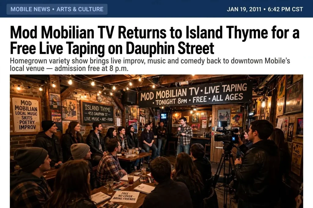 Illustration for the news story: Mod Mobilian TV Returns to Island Thyme for a Free Live Taping on Dauphin Street