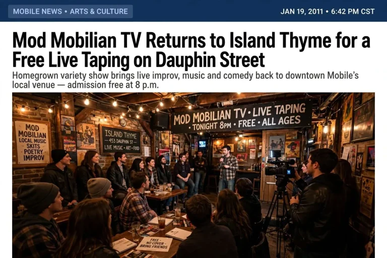 Illustration for the news story: Mod Mobilian TV Returns to Island Thyme for a Free Live Taping on Dauphin Street