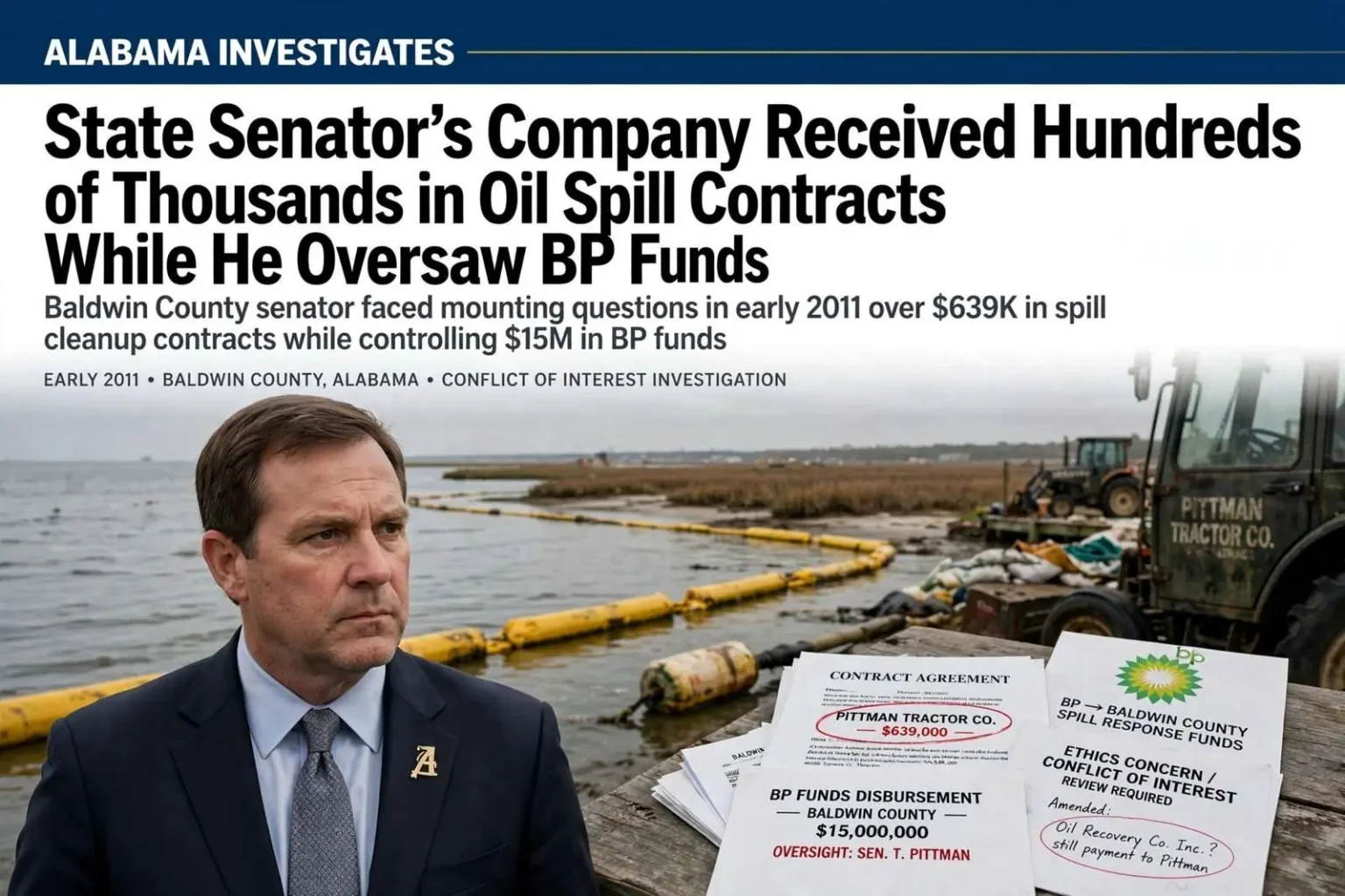 Illustration for the news story: State Senator’s Company Received Hundreds of Thousands in Oil Spill Contracts While He Oversaw BP Funds