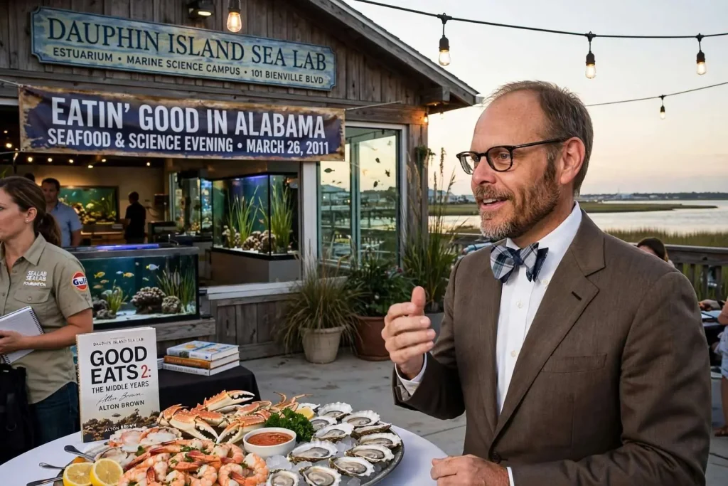 Illustration for the news story: Alton Brown Brought ‘Good Eats’ to Dauphin Island Sea Lab for a Night of Seafood and Science