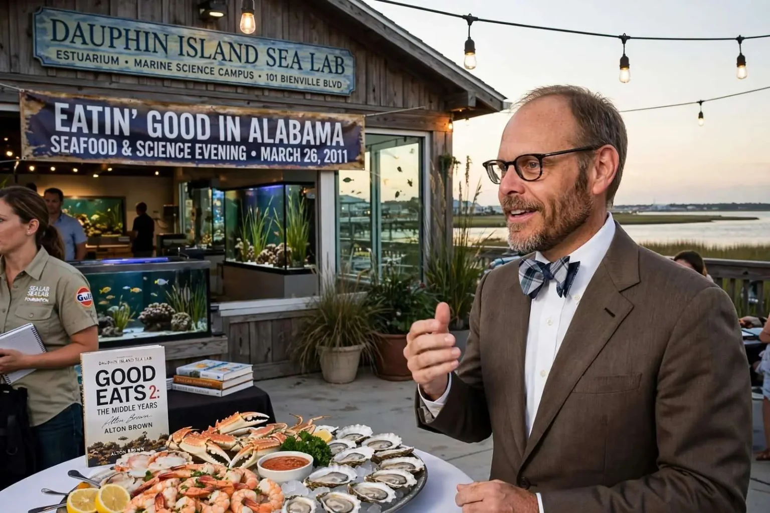 Illustration for the news story: Alton Brown Brought ‘Good Eats’ to Dauphin Island Sea Lab for a Night of Seafood and Science