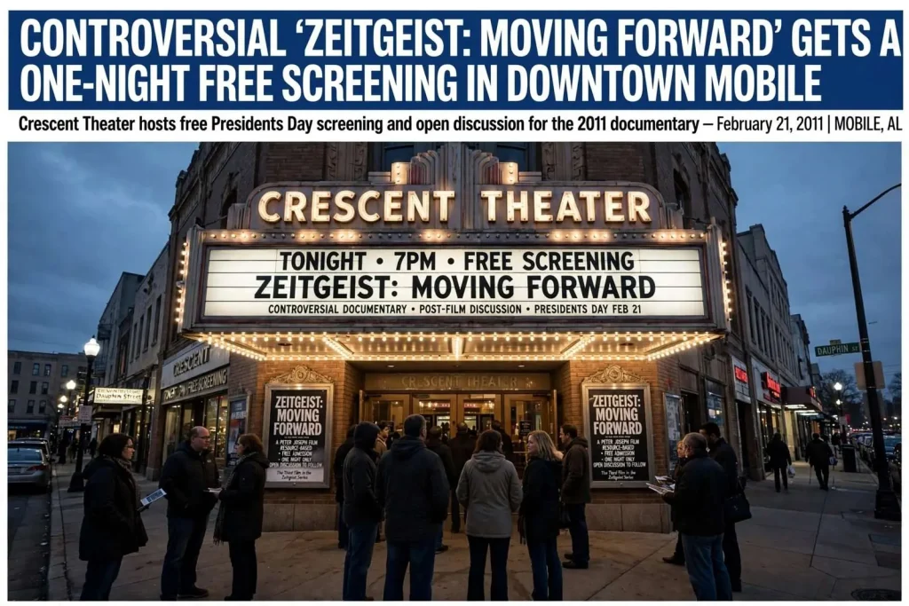 Illustration for the news story: Controversial ‘Zeitgeist: Moving Forward’ Gets a One-Night Free Screening in Downtown Mobile