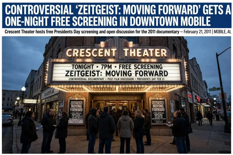 Illustration for the news story: Controversial ‘Zeitgeist: Moving Forward’ Gets a One-Night Free Screening in Downtown Mobile