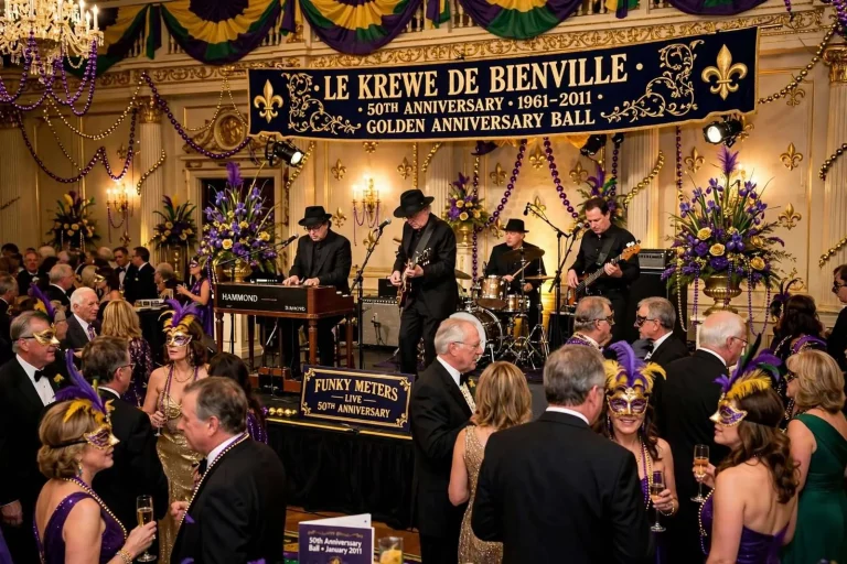 Illustration for the news story: Le Krewe de Bienville Turns 50 With a Funky Meters Headline Ball