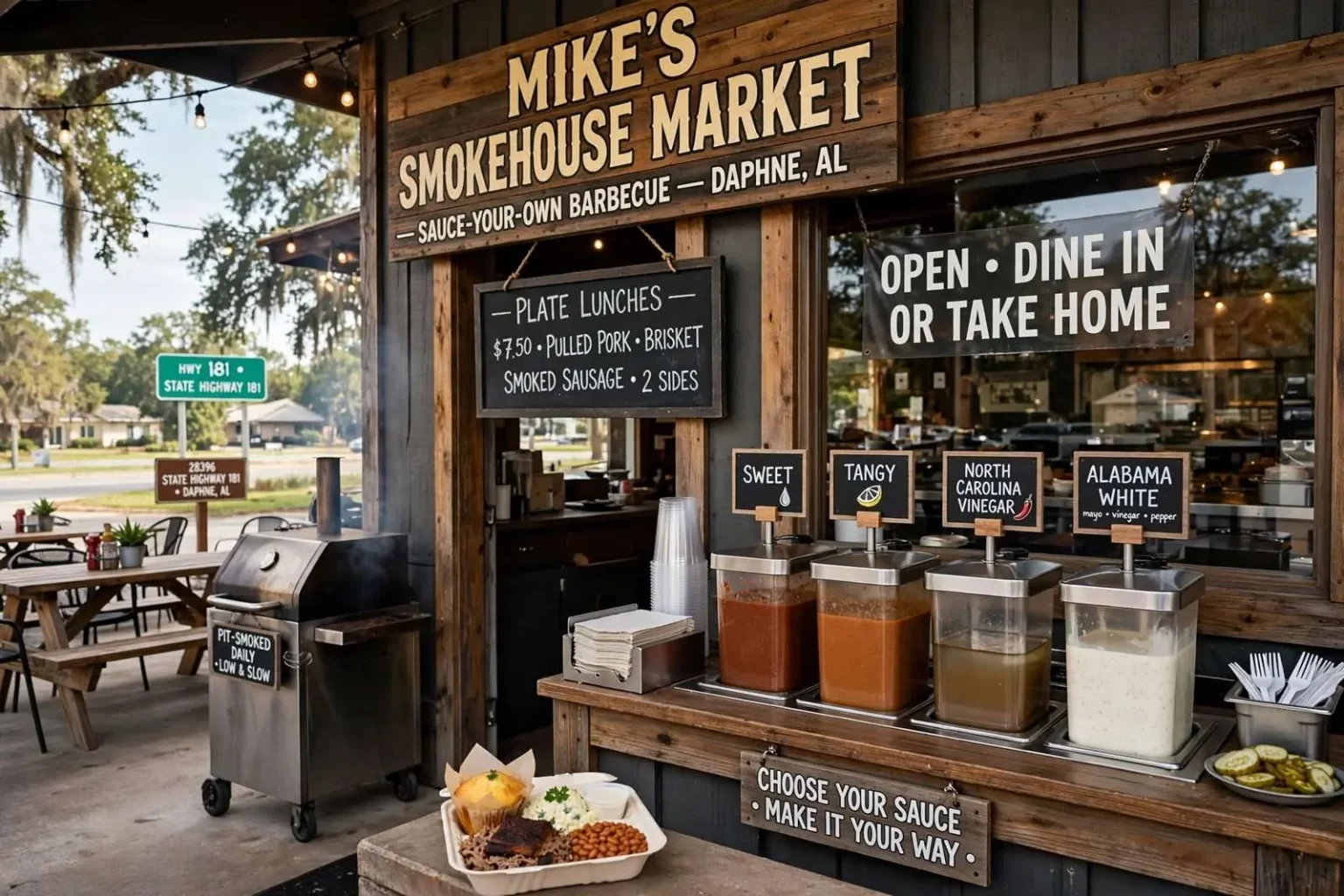 Illustration for the news story: Mike’s Smokehouse Market Brings Sauce-Your-Own Barbecue to Daphne’s Highway 181