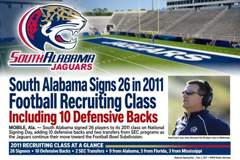 Illustration for the news story: South Alabama Signs 26 in 2011 Football Recruiting Class, Including 10 Defensive Backs