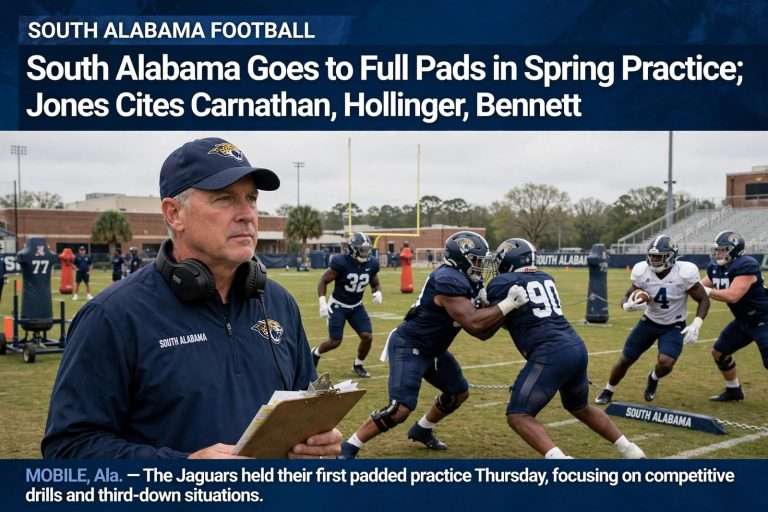 Illustration for the news story: South Alabama Goes to Full Pads in Spring Practice; Jones Cites Carnathan, Hollinger, Bennett