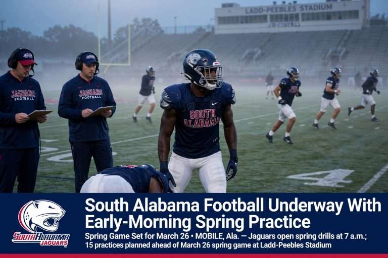 Illustration for the news story: South Alabama Football Underway With Early-Morning Spring Practice; Spring Game Set for March 26