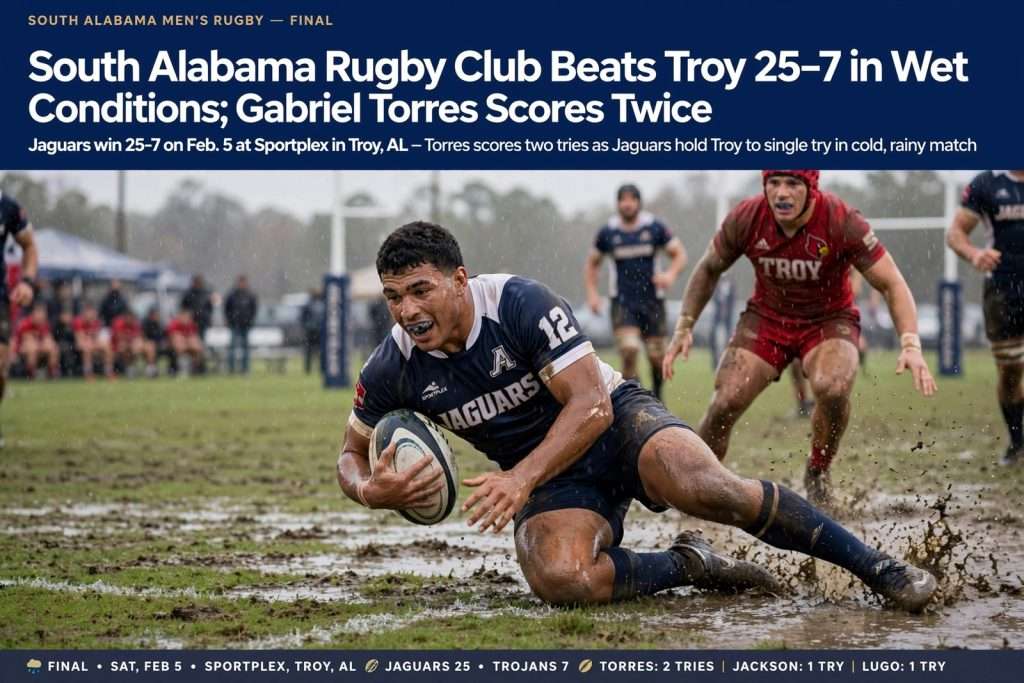 Illustration for the news story: South Alabama Rugby Club Beats Troy 25-7 in Wet Conditions; Gabriel Torres Scores Twice