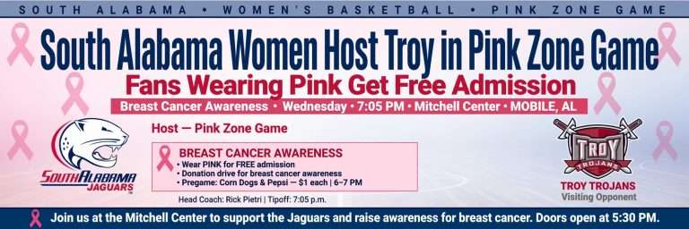 Illustration for the news story: South Alabama Women Host Troy in Pink Zone Game; Fans Wearing Pink Get Free Admission