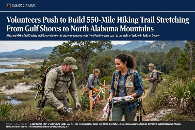 Illustration for the news story: Volunteers Push to Build 550-Mile Hiking Trail Stretching From Gulf Shores to North Alabama Mountains