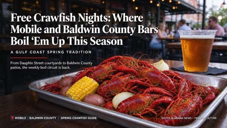 Illustration for the news story: Free Crawfish Nights: Where Mobile and Baldwin County Bars Boil ‘Em Up This Season