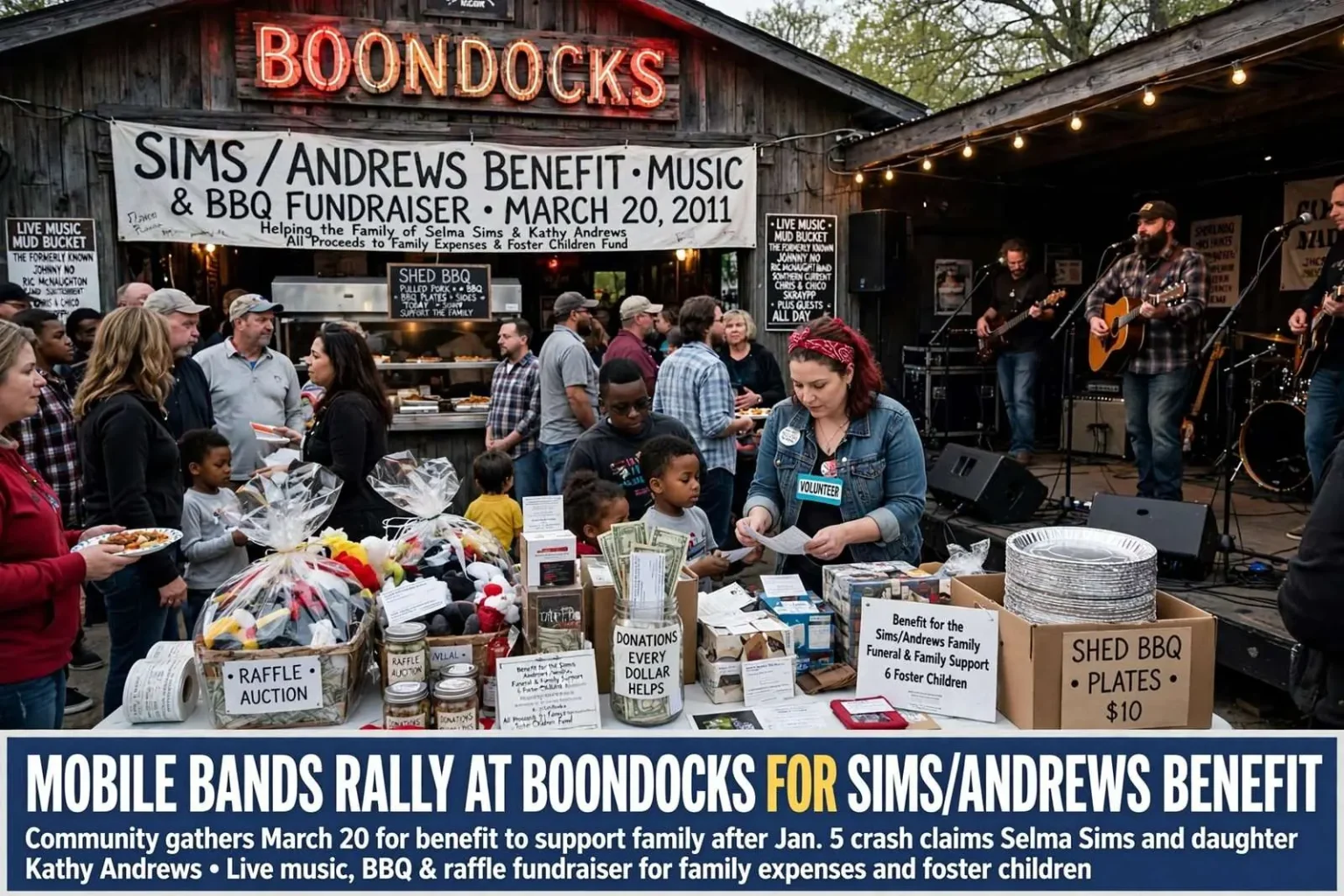 Illustration for the news story: Mobile Bands Rally at Boondocks for Sims/Andrews Benefit