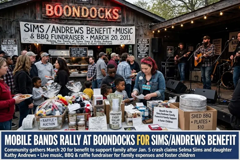 Illustration for the news story: Mobile Bands Rally at Boondocks for Sims/Andrews Benefit