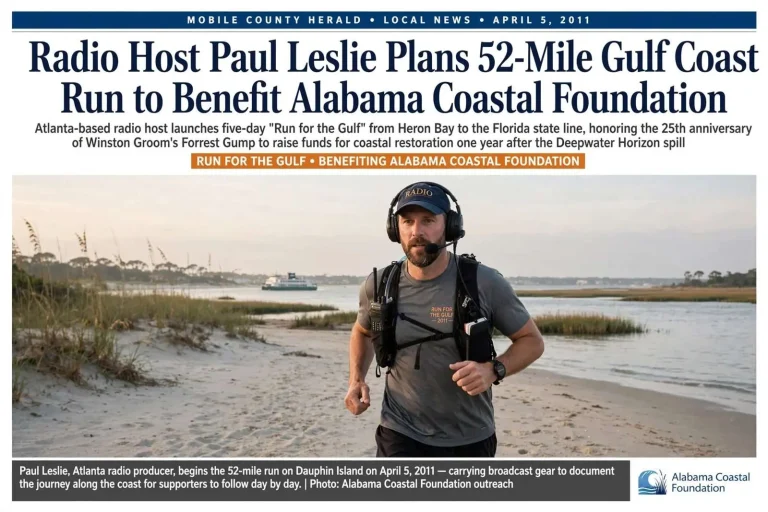 Illustration for the news story: Radio Host Paul Leslie Plans 52-Mile Gulf Coast Run to Benefit Alabama Coastal Foundation