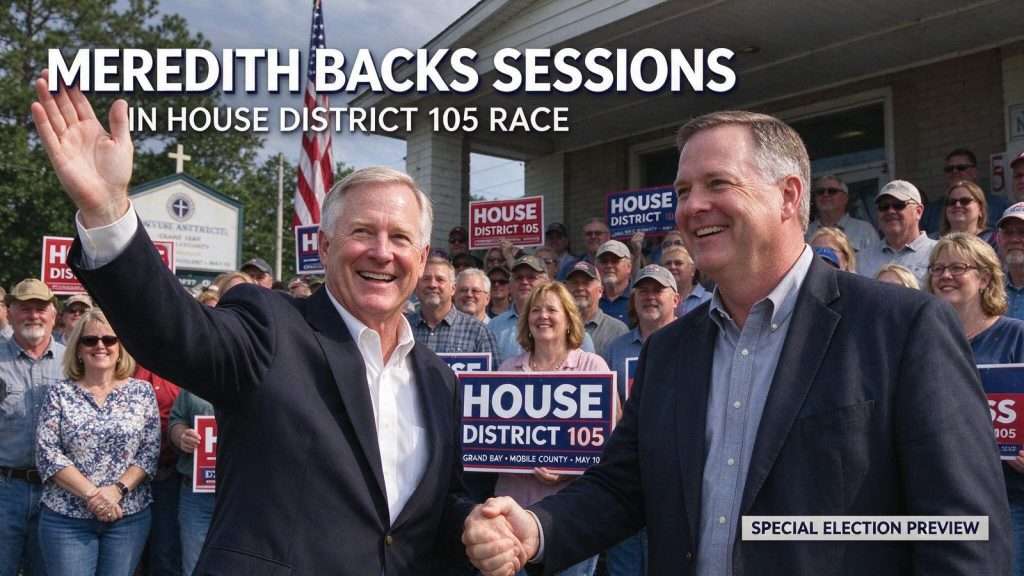 Illustration for the news story: Meredith Backs Sessions in Grand Bay Race for House District 105