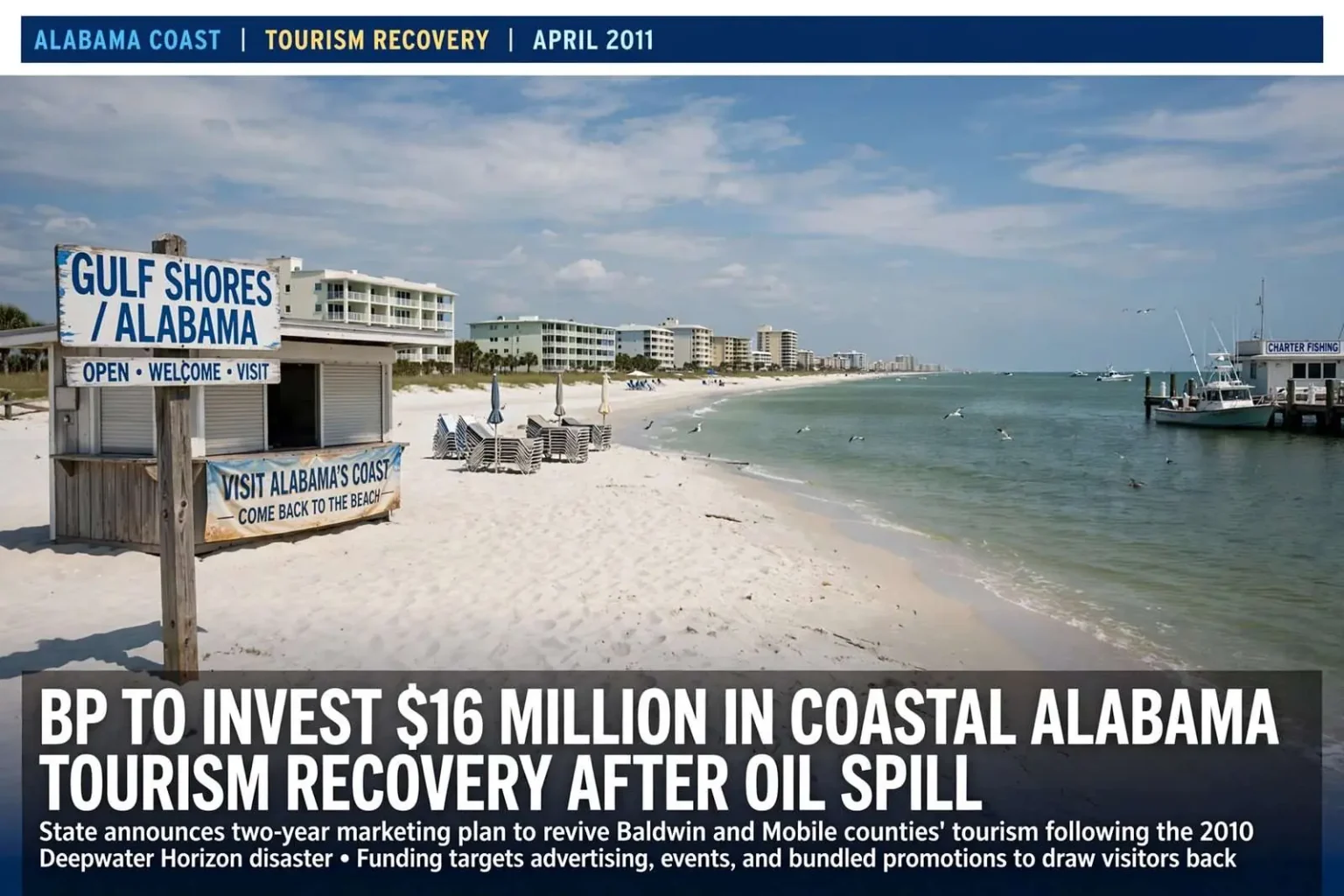 Illustration for the news story: BP to Invest $16 Million in Coastal Alabama Tourism Recovery After Oil Spill