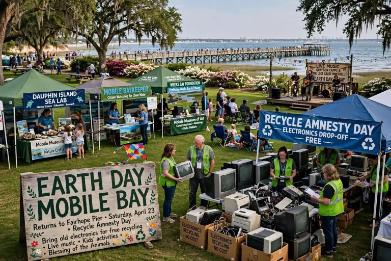 Illustration for the news story: Earth Day Mobile Bay Returns to Fairhope Pier Saturday With Grayson Capps and a Recycle Amnesty Day