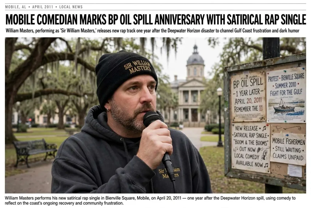 Illustration for the news story: Mobile Comedian William Masters Marks BP Oil Spill Anniversary With Satirical Rap Single
