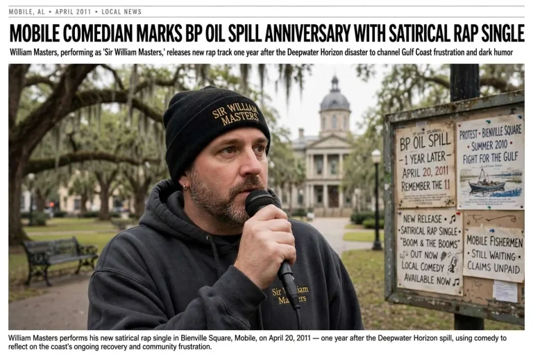 Illustration for the news story: Mobile Comedian William Masters Marks BP Oil Spill Anniversary With Satirical Rap Single