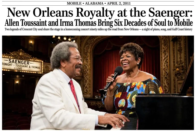 Illustration for the news story: New Orleans Royalty at the Saenger: Allen Toussaint and Irma Thomas Bring Six Decades of Soul to Mobile