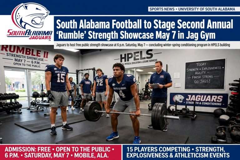 Illustration for the news story: South Alabama Football to Stage Second Annual ‘Rumble’ Strength Showcase May 7 in Jag Gym