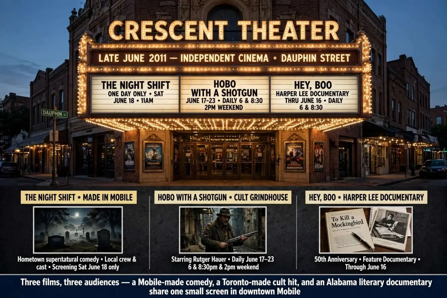 Illustration for the news story: Crescent Theater Pairs a Local Cult Comedy With Hobo With A Shotgun and a Harper Lee Documentary