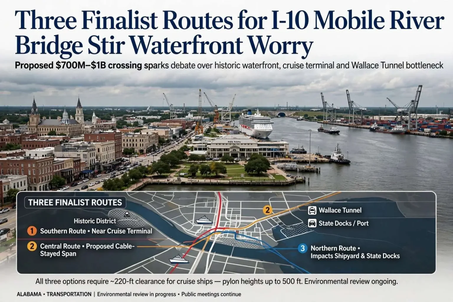 Illustration for the news story: Three Finalist Routes for I-10 Mobile River Bridge Stir Waterfront Worry