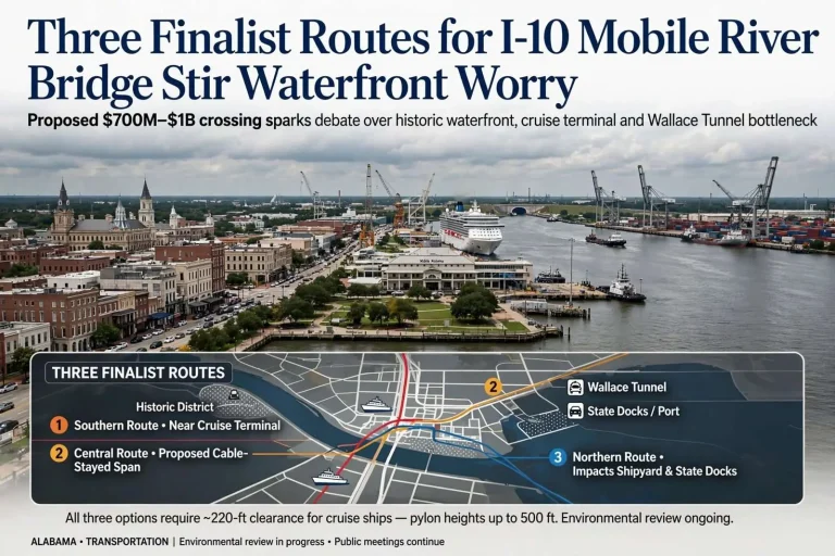 Illustration for the news story: Three Finalist Routes for I-10 Mobile River Bridge Stir Waterfront Worry