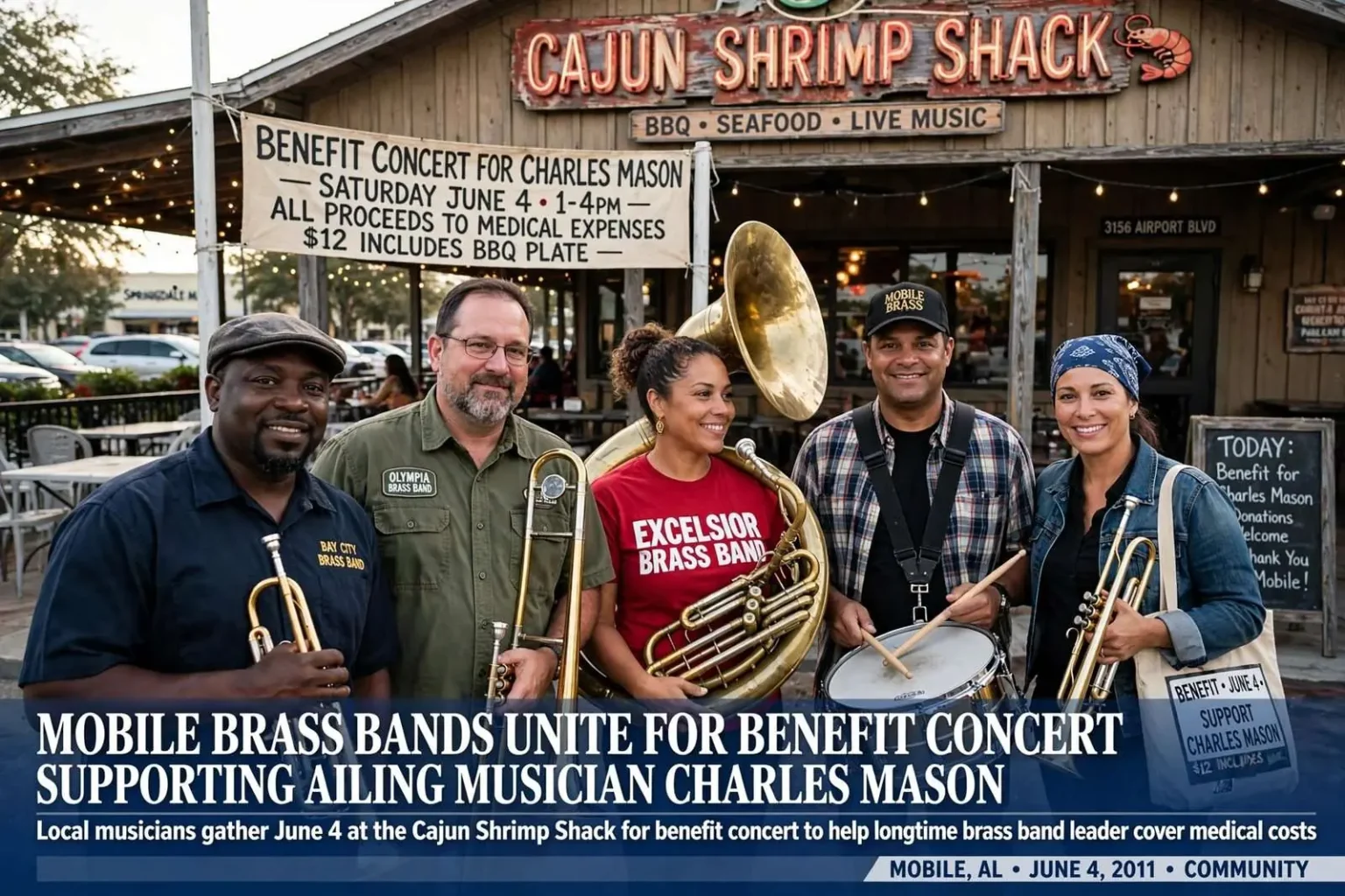 Illustration for the news story: Mobile Brass Bands Unite for Benefit Concert Supporting Ailing Musician Charles Mason