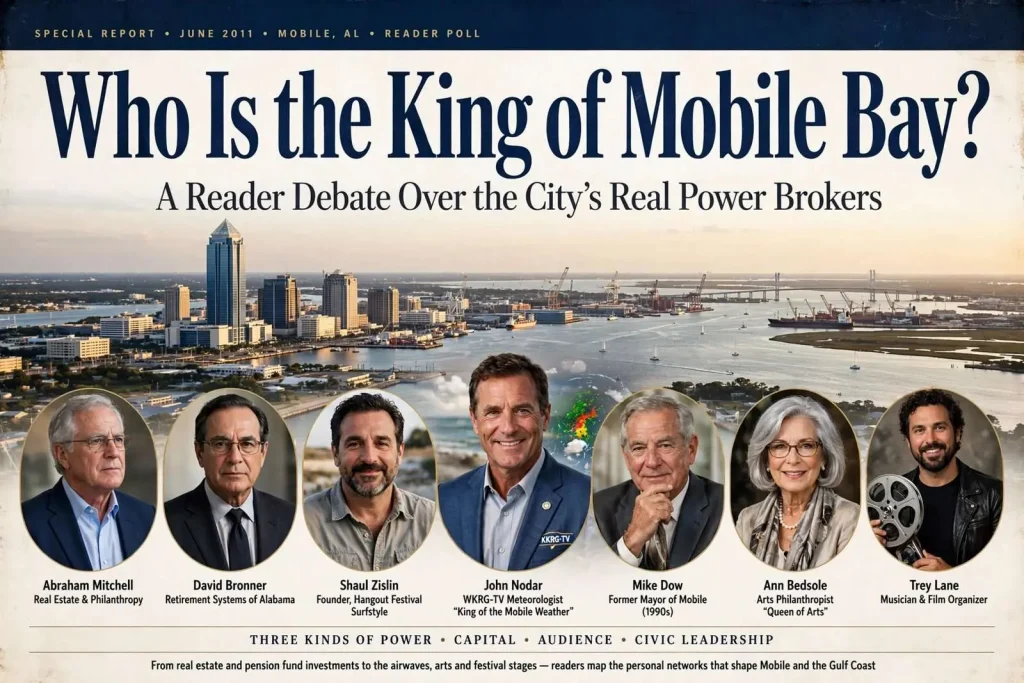 Illustration for the news story: Who Is the King of Mobile Bay? A Reader Debate Over the City’s Real Power Brokers