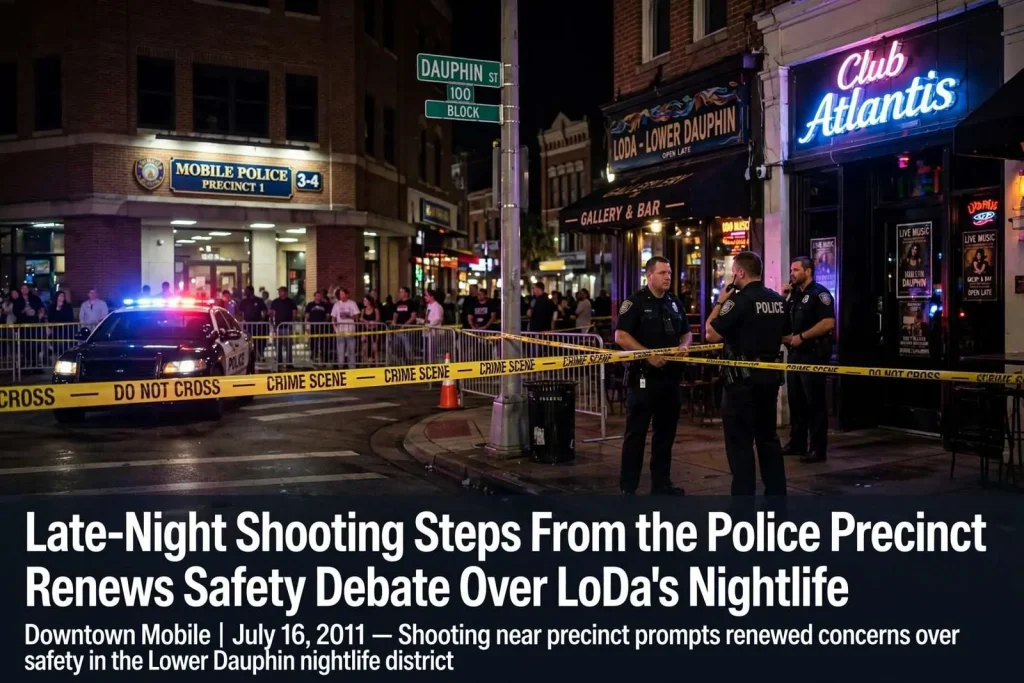 Illustration for the news story: Late-Night Shooting Steps From the Police Precinct Renews Safety Debate Over LoDa’s Nightlife