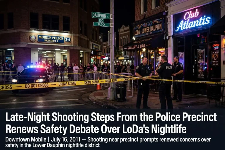 Illustration for the news story: Late-Night Shooting Steps From the Police Precinct Renews Safety Debate Over LoDa’s Nightlife