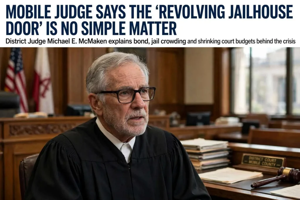 Illustration for the news story: Mobile Judge Says the ‘Revolving Jailhouse Door’ Is No Simple Matter