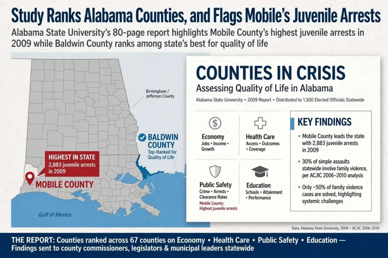 Illustration for the news story: Study Ranks Alabama Counties, and Flags Mobile’s Juvenile Arrests