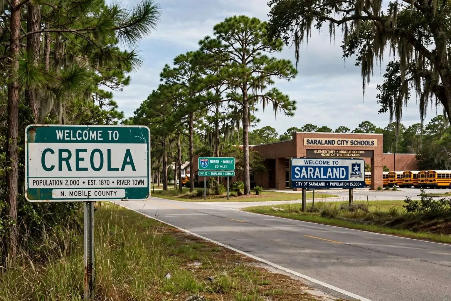 Illustration for the news story: Creola and Saraland Explore a Merger, With Schools at the Center