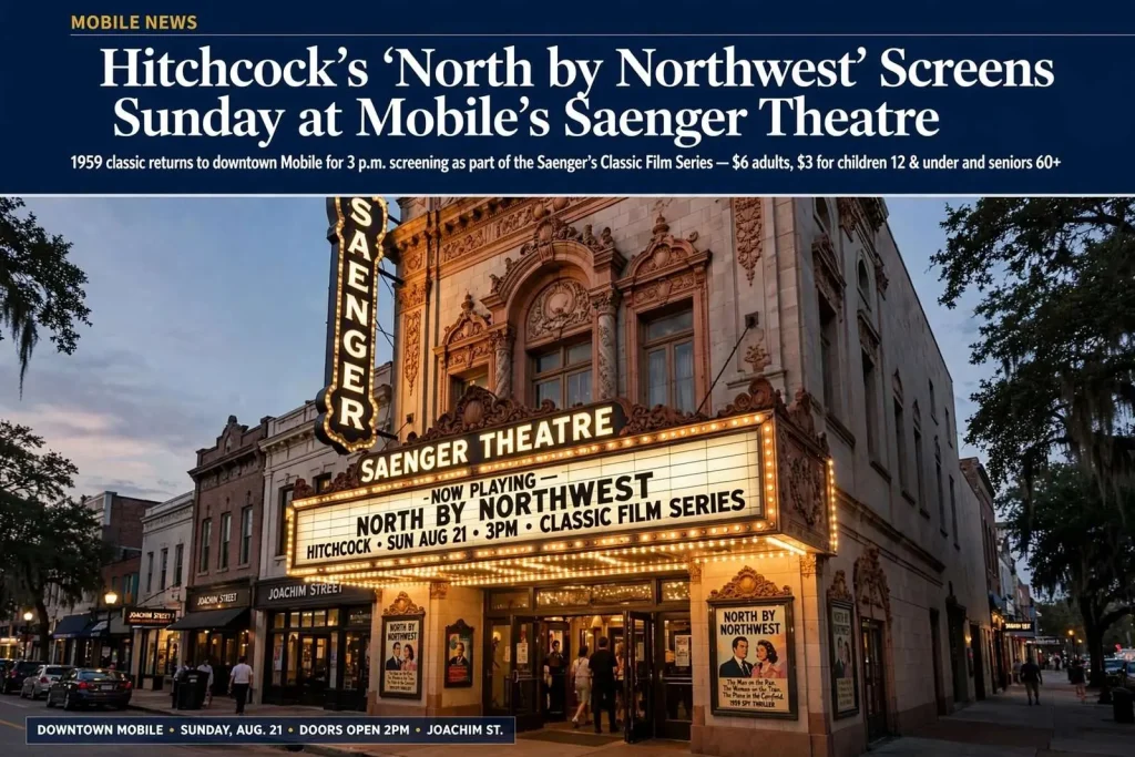 Illustration for the news story: Hitchcock’s ‘North by Northwest’ Screens Sunday at Mobile’s Saenger Theatre