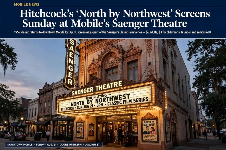 Illustration for the news story: Hitchcock’s ‘North by Northwest’ Screens Sunday at Mobile’s Saenger Theatre