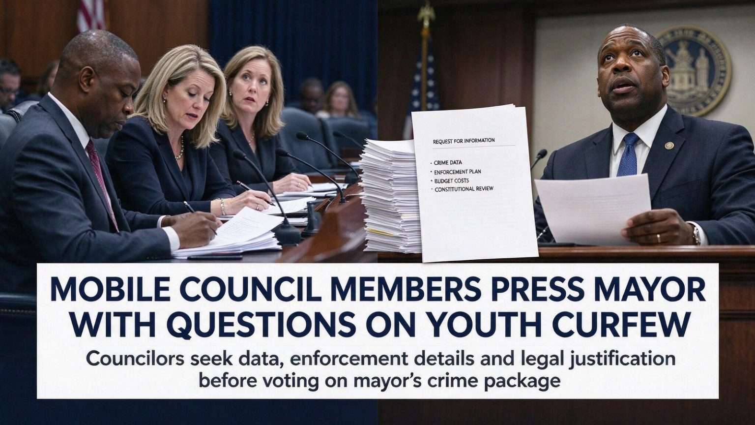 Illustration for the news story: Mobile Council Members Press Mayor With Questions on Youth Curfew