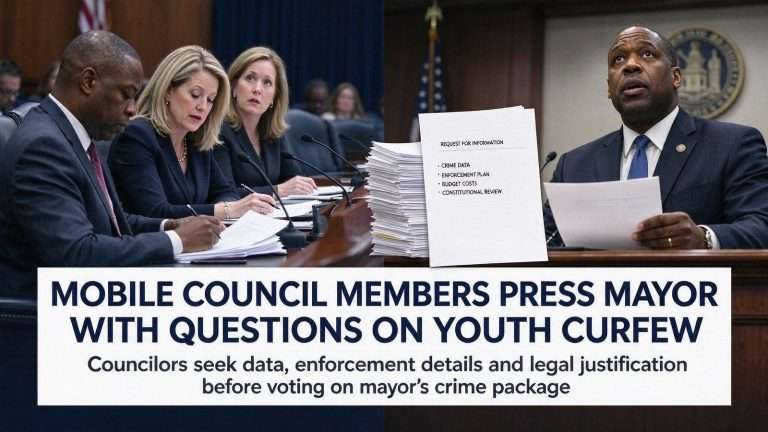 Illustration for the news story: Mobile Council Members Press Mayor With Questions on Youth Curfew