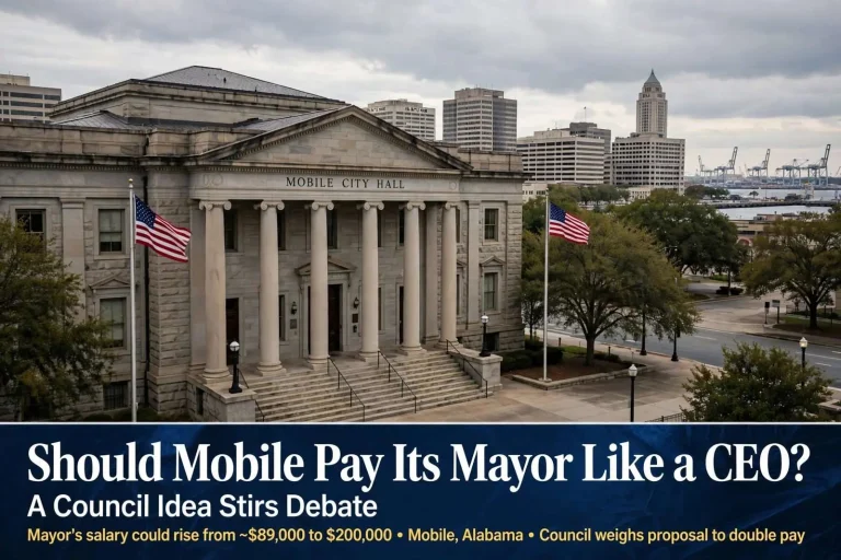 Illustration for the news story: Should Mobile Pay Its Mayor Like a CEO? A Council Idea Stirs Debate
