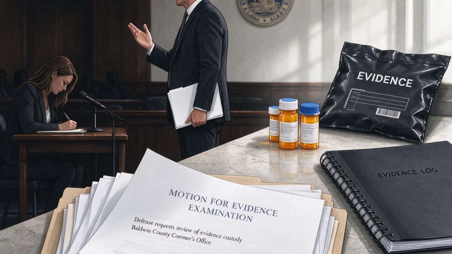 Illustration for the news story: Nodine Defense Points to Drug Theft in Baldwin Coroner’s Office