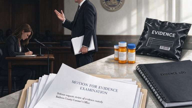 Illustration for the news story: Nodine Defense Points to Drug Theft in Baldwin Coroner’s Office