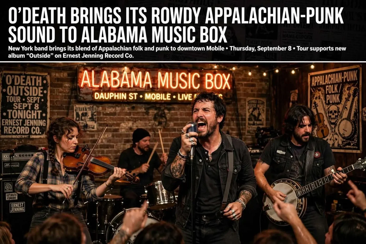 Illustration for the news story: O’Death Brings Its Rowdy Appalachian-Punk Sound to Alabama Music Box