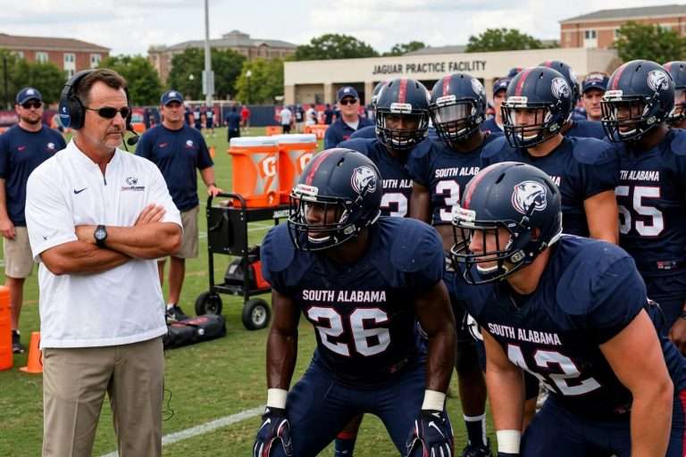 Illustration for the news story: South Alabama Defense Responds In Tuesday Practice Before Camp Grace Team-Building Trip